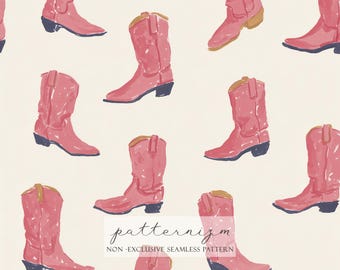 Watercolor Pink Cowboy Boot Pattern Digital Paper – Western Cowgirl Boots, Trendy Seamless Design