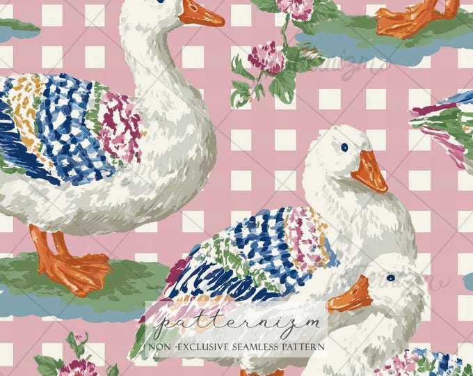 Seamless Duck Pattern Digital Download – Whimsical Goose Floral Design, Pink Gingham Background, Cottagecore Farm Print