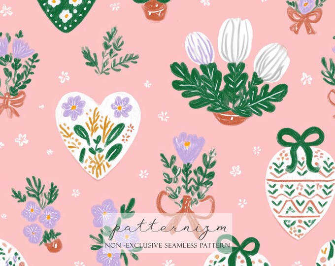 Seamless Folk Heart Floral Pattern Digital Download – Scandinavian Garden Motifs, Sweet Botanical Valentine Fabric