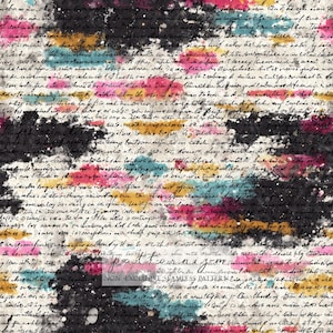 May include: Abstract seamless pattern with handwritten script and colorful watercolor paint strokes in black, pink, yellow, and teal. The text "NON EXCLUSIVE SEAMLESS PATTERN" is visible at the bottom. This design is suitable for various fabric and paper applications.