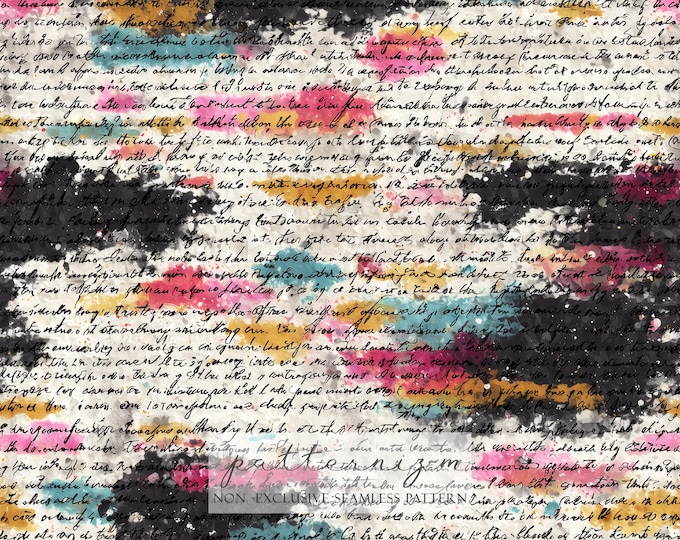 Script Seamless Pattern Digital Paper – Handwritten Letter with Colorful Ink Blots for Junk Journals, Scrapbooking & Collage