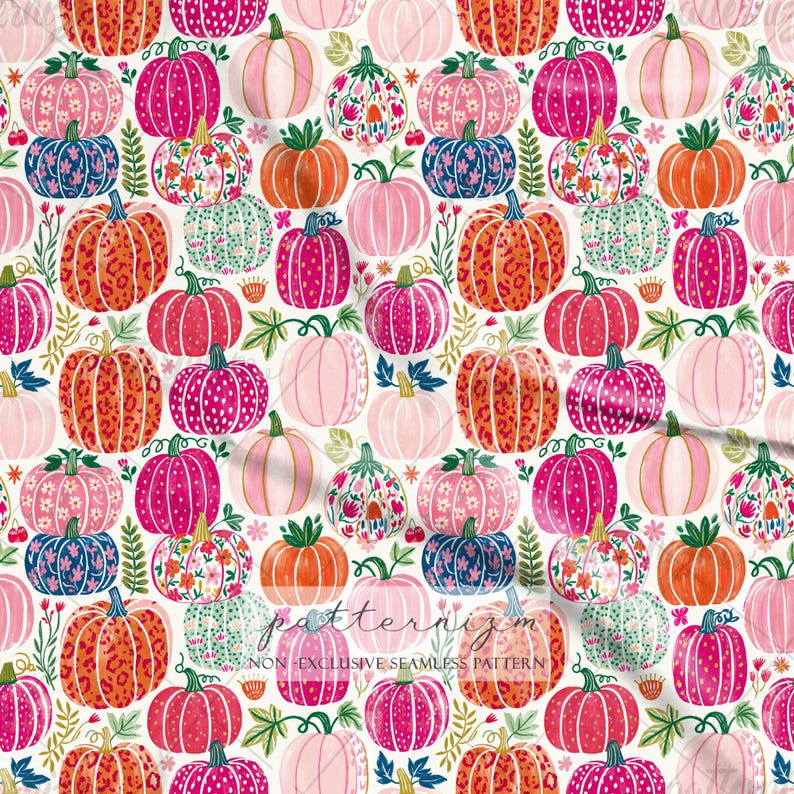 May include: A seamless pattern with pumpkins in pink, orange, and blue, with floral and patterned designs. The pumpkins are set against a white background with green leaves and vines. The text "patternizm" is visible.