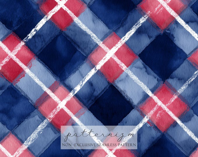 Navy Red Plaid Seamless Pattern – Classic Watercolor Checkered Design for Fabric, Crafts, Scrapbooking & Textile Projects