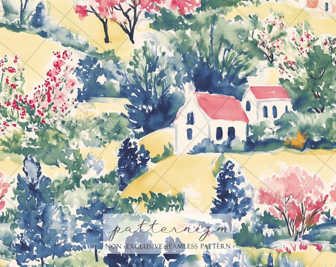Seamless Watercolor Village Pattern Digital Download – Red Roof Houses & Pink Trees, Whimsical Landscape Fabric for Nursery Decor