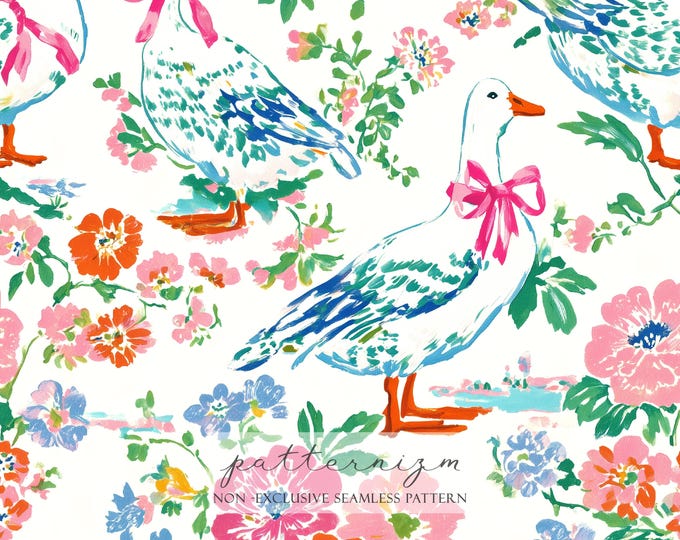 Watercolor Goose Pattern Digital Paper – Cute White Geese with Pink Bows and Florals, Coquette Seamless Design