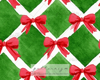 Seamless Christmas Coquette Bow Pattern Digital Download – Red Ribbon Holiday Print, Green Watercolor Lattice Fabric & Festive Decor