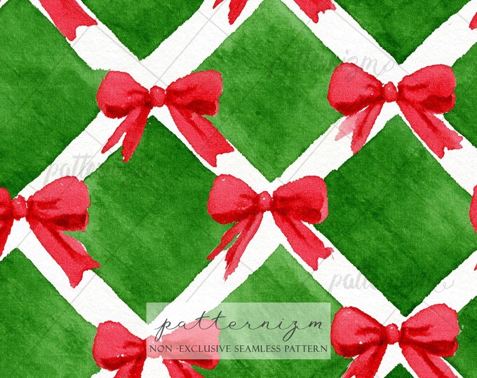Seamless Christmas Coquette Bow Pattern Digital Download – Red Ribbon Holiday Print, Green Watercolor Lattice Fabric & Festive Decor
