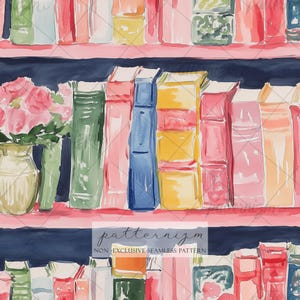 Op de afbeelding: Waterverfillustratie van een boekenplank met kleurrijke boeken in roze, geel, blauw en groen. Een vaas met roze bloemen staat op de plank. De tekst "patternizm" en "NON EXCLUSIVE SEAMLESS PATTERN" staan onderaan.