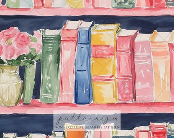 Nahtlose Bücherregal Muster Digitaler Download - Aquarell Bücher und Bibliothek Illustration Stoffdesign