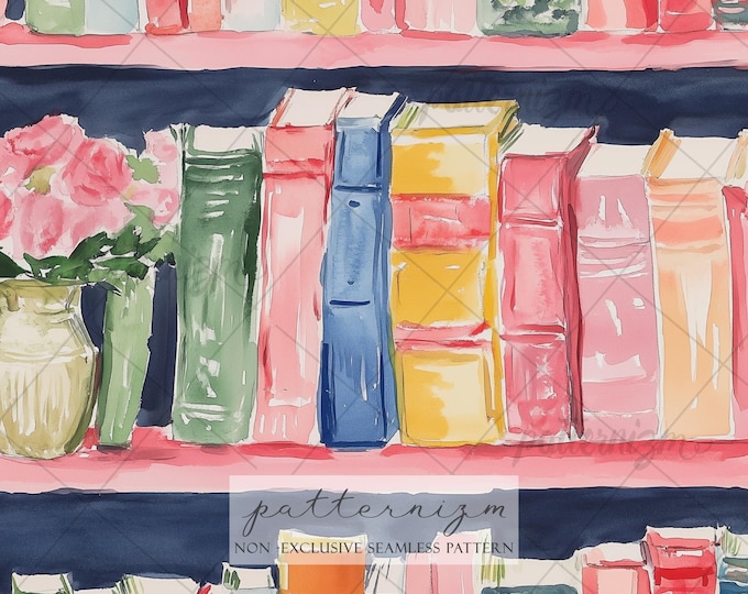 Seamless Bookshelf Pattern Digital Download – Watercolor Books and Library Illustration Fabric Design