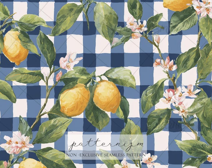 Seamless Lemon Gingham Pattern Digital Download – Painted Citrus Fruit, Blue Checkered Summer Fabric