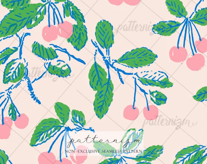 Seamless Cherry Pattern Digital Download – Painted Fruit & Leaves Design, Fresh Botanical Summer Print, Whimsical Printable