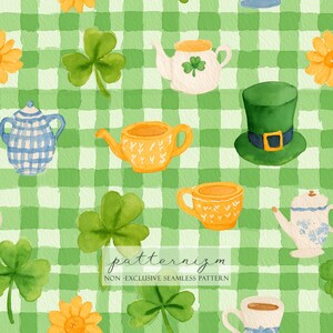 May include: Watercolor pattern featuring teapots, teacups, shamrocks, and a green top hat on a green and white checkered background. The design includes yellow flowers and the text "patternizm NON-EXCLUSIVE SEAMLESS PATTERN".