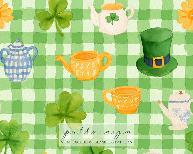 St. Patrick Gingham Seamless Pattern – Green Shamrocks with Cute Tea Set, Cozy Irish Digital Paper
