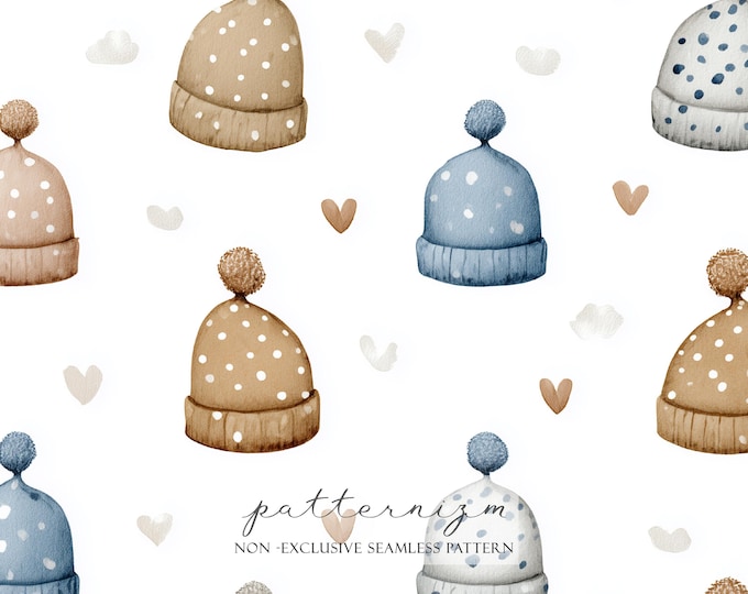 Winter Hat Seamless Pattern Digital Paper – Polka Dot Beanies & Hearts in Neutral Blue and Beige, Cute Kids Winter Craft Design, Winter Baby