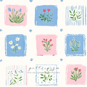 May include: A seamless pattern with hand-painted floral designs in pink and blue squares. The artwork includes various flowers and foliage, with the text "patternizm" and "NON-EXCLUSIVE SEAMLESS PATTERN" at the bottom. The background is off-white.