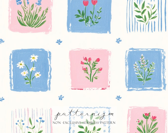 Patchwork Floral Seamless Pattern – Cute Painted Folk Flowers in Squares, Mini Quilt Block Repeat Design for Fabric & Digital Paper