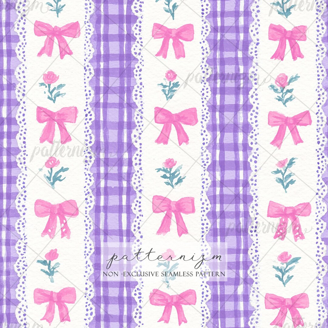 Coquette Seamless Pattern – Pink Bow and Purple Gingham Stripe, Floral ...