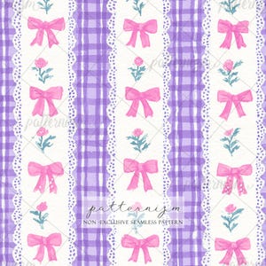 May include: Watercolor seamless pattern featuring a purple gingham background with vertical white lace-like stripes. Pink bows and roses with green leaves are evenly spaced along the white stripes. The text "patternizm" and "NON-EXCLUSIVE SEAMLESS PATTERN" are at the bottom.
