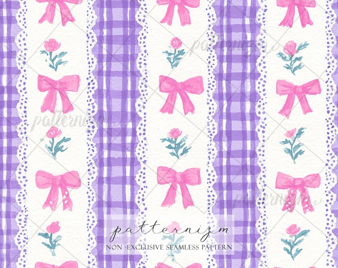 Coquette Seamless Pattern – Pink Bow and Purple Gingham Stripe, Floral Lace Design, Vintage Feminine Fabric