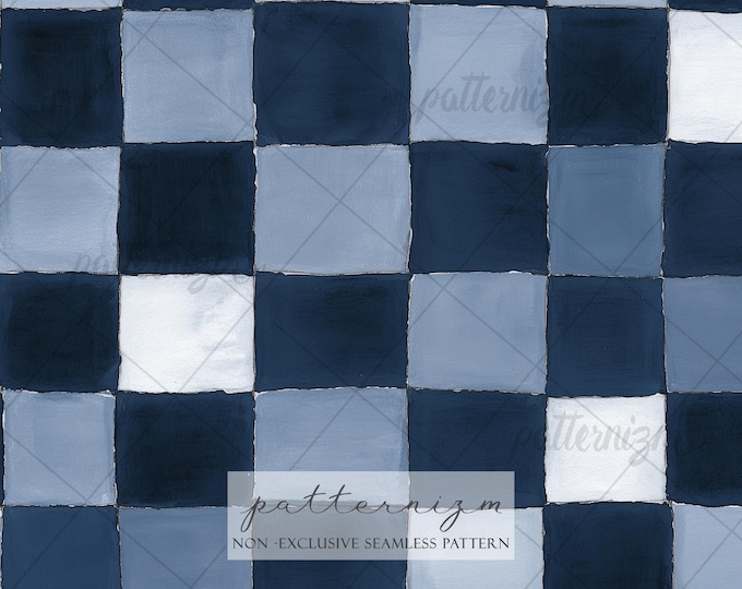 Seamless Blue Checker Pattern Digital Download – Painted Tile Check Design, Classic Kitchen Decor Fabric