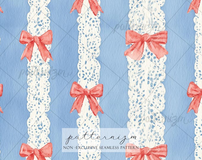 Seamless Patriotic Coquette Bow Pattern Digital Download – Lace Stripe Americana Wallpaper, Girly 4th of July Fabric