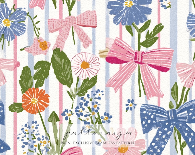 Seamless Bow Floral Stripe Pattern Digital Download – Vintage Ribbon Garden Design, Grandmacore Spring Fabric