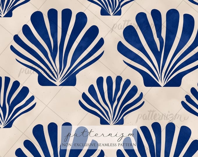 Seamless Shell Pattern Digital Download – Blue Coastal Seashell Design, Minimal Beach Print, Summer Ocean Fabric