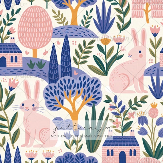 Whimsical Bunny Garden Seamless Pattern Digital Download – Folk Art Rabbit & Floral Landscape Fabric Print