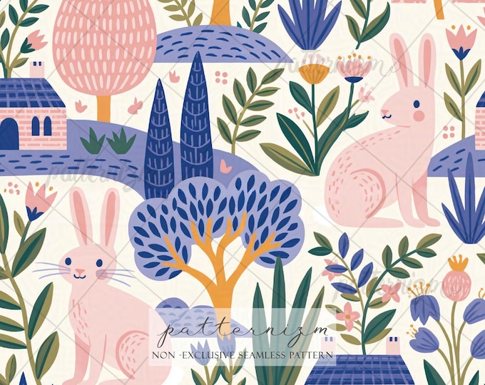 Whimsical Bunny Garden Seamless Pattern Digital Download – Folk Art Rabbit & Floral Landscape Fabric Print