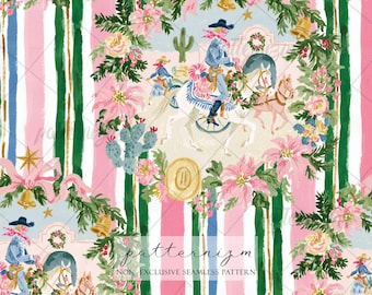 Seamless Christmas Cowboy Pattern Digital Download – Western Stripe Horse Design, Poinsettia Wreath Print, Whimsical Fabric for Kids Crafts