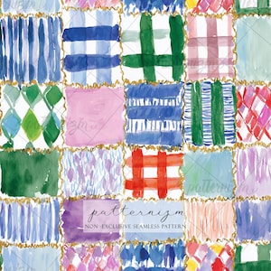 May include: Watercolor patchwork pattern with squares in various colors, including blue, green, pink, and red. Each square is outlined with a gold border. The text "patternizm" and "NON-EXCLUSIVE SEAMLESS PATTERN" are visible.