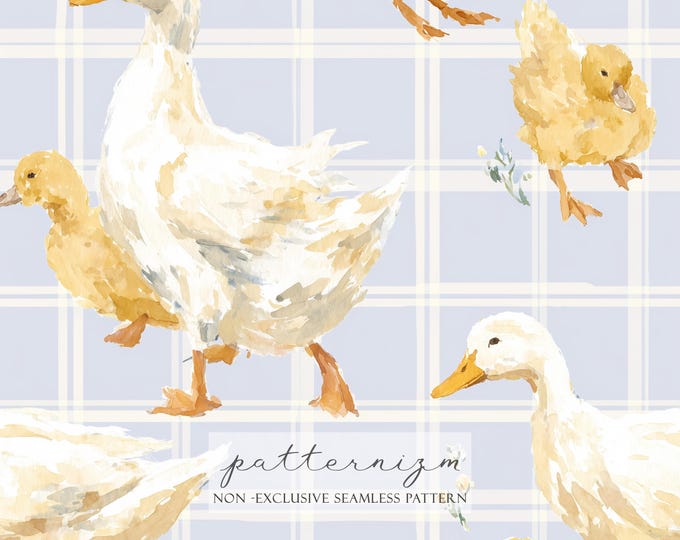 Seamless Duck Plaid Pattern Digital Download – Watercolor Mom Duck & Ducklings, Blue Plaid Farm Repeat, Nursery Fabric Design