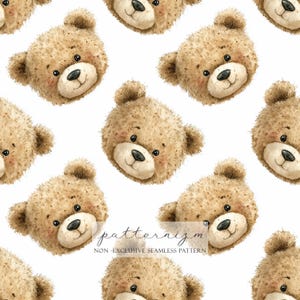Może przedstawiać: Powtarzający się wzór twarzy misiów akwarelowych na białym tle. Misie mają brązowe futro, czarne nosy i różowe policzki. Tekst "patternizm" i "NON - EXCLUSIVE SEAMLESS PATTERN" znajduje się na dole.