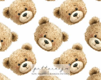 Niedliches Teddybär-Gesicht, nahtloses Muster - weicher Aquarell-Plüsch-Tierkopf-Druck für Baby-Stoffe, Kinderdekors und Kinderzimmer-Projekte