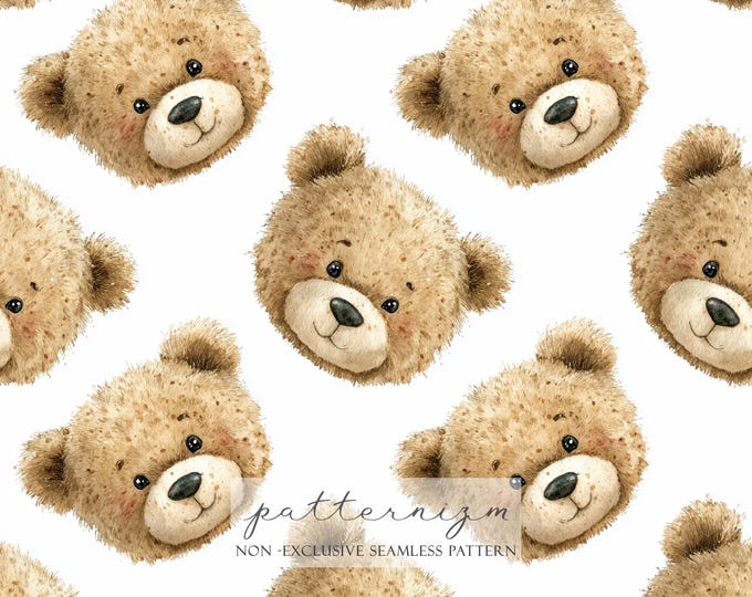 Cute Teddy Bear Face Seamless Pattern – Soft Watercolor Plush Animal Head Print for Baby Fabric, Kids Decor & Nursery Projects