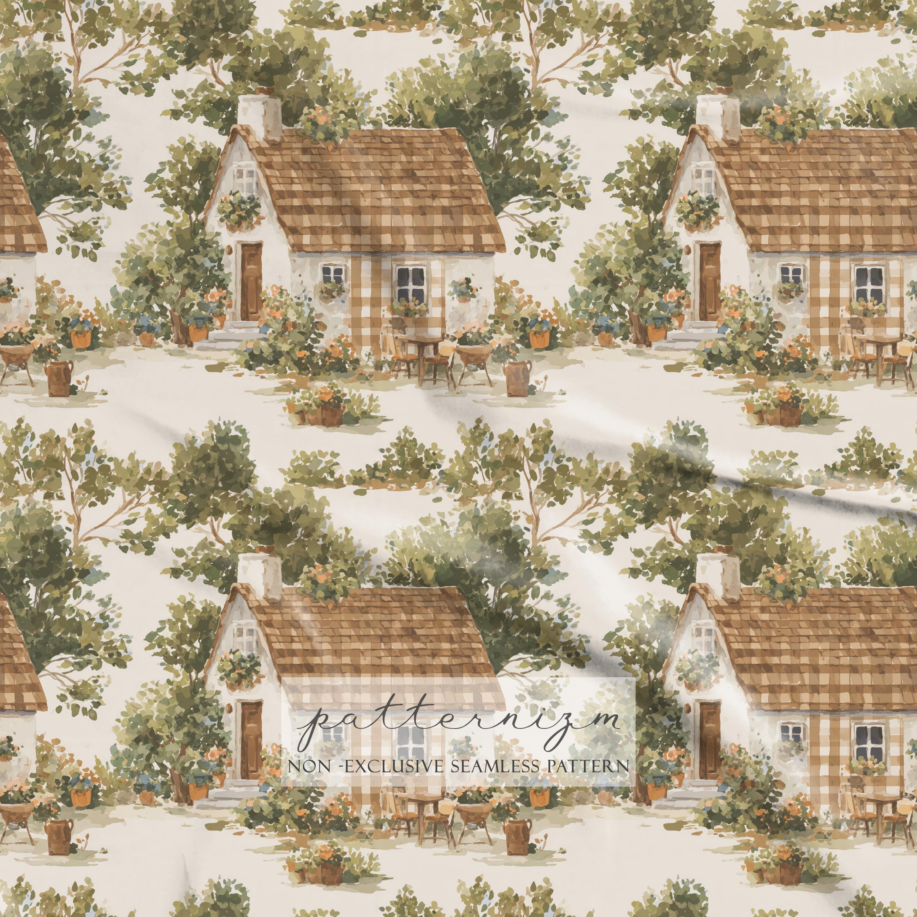 Watercolor Cottage Village Seamless Pattern – Cozy Country Houses and ...