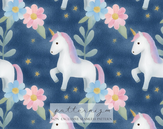 Unicorn Seamless Pattern Digital Paper – Cute Pastel Unicorns with Stars and Flowers for Kids Crafts & Party Decor