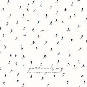 May include: A seamless pattern featuring numerous skiers in various poses, rendered in a minimalist style. The skiers are depicted in black, red, and teal against a white background. The text "patternizm" and "NON - EXCLUSIVE SEAMLESS PATTERN" are also present.