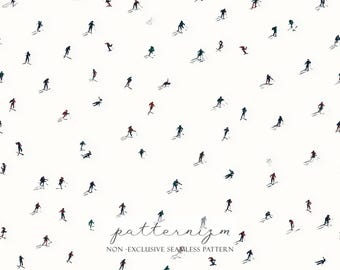 Ski People Seamless Pattern – Winter Sport Repeat Design with Tiny Skiers on Snowy Background for Fabric and Decor