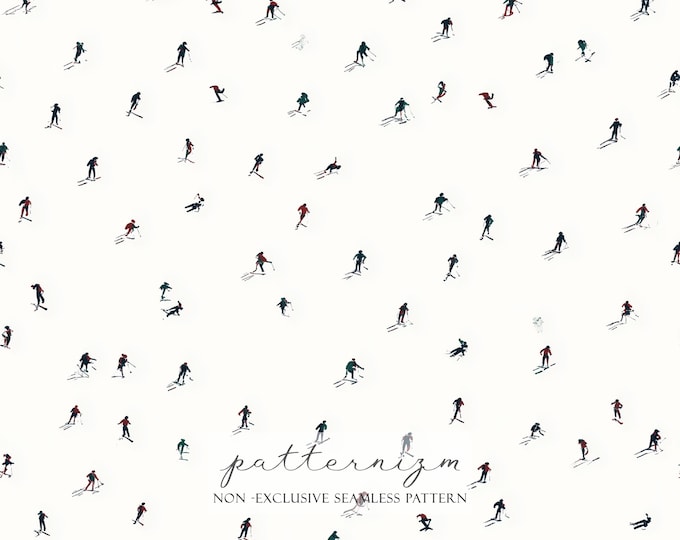 Ski People Seamless Pattern – Winter Sport Repeat Design with Tiny Skiers on Snowy Background for Fabric and Decor