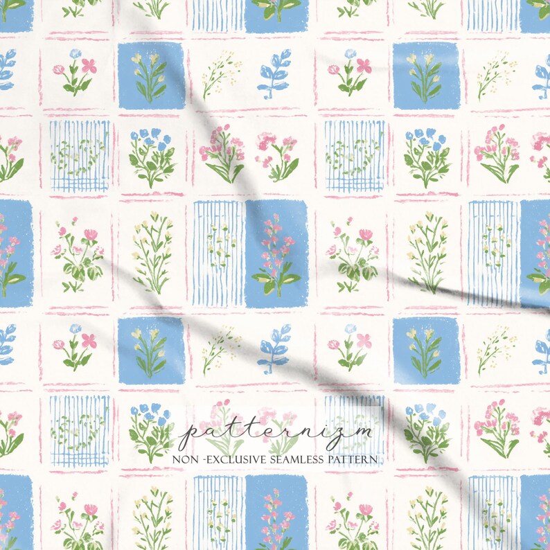 Seamless Floral Patchwork Pattern Digital Download – Painted Garden Squares, Cottagecore Fabric imagen 2