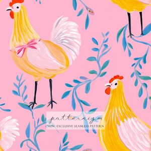 May include: Seamless pattern featuring yellow roosters with red combs and pink bows, set against a pink background with blue floral accents. The text "patternizm" is visible at the bottom.