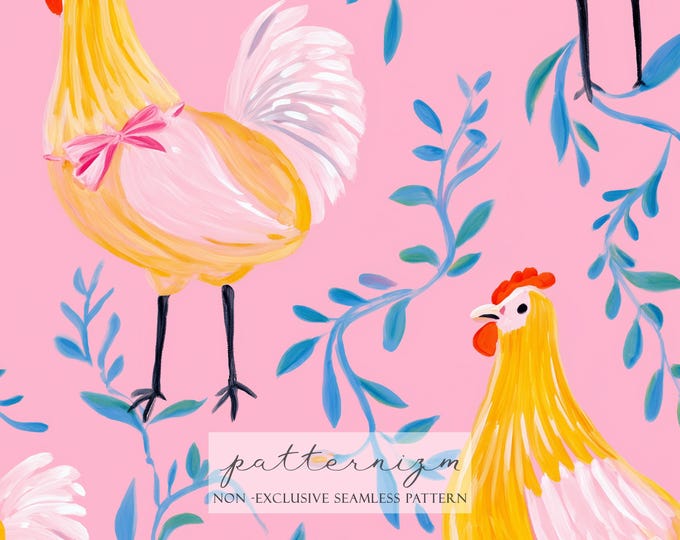 Cute Chicken Seamless Pattern, Pink Coquette Bow Hen Repeat Design, Farmhouse Girly Digital Paper