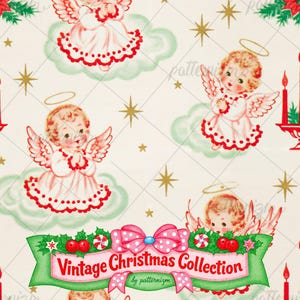 May include: A repeating pattern of cherubic angels with blonde hair and red-trimmed white robes, each resting on a light green cloud. The design includes gold stars, red candles, and a central banner reading Vintage Christmas Collection.
