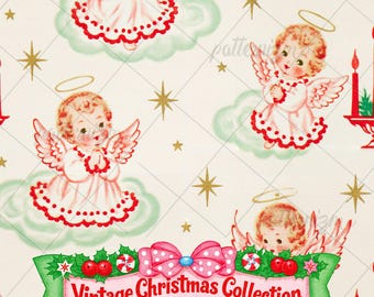 Vintage Christmas Angel Seamless Pattern Digital Download, Retro Cherub Holiday Repeat Design
