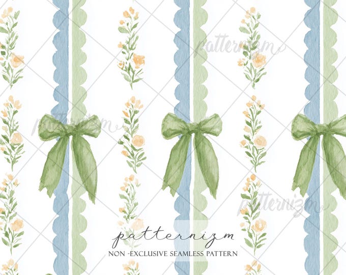 Seamless Bow & Stripe Pattern Digital Download – Whimsical Green Ribbon, Floral Design, Shabby Chic Nursery Fabric for Kids and Crafts