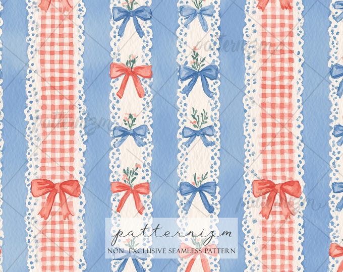 Seamless Patriotic Ribbon Pattern Digital Download – 4th of July Americana Gingham & Lace Bow Design, Cottagecore Floral Fabric