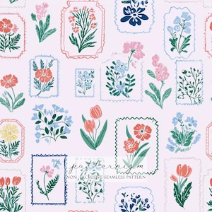 May include: A seamless pattern featuring various floral illustrations within decorative frames. The flowers are in shades of pink, blue, orange, and yellow, set against a light pink background. The text "patternizm" and "NON-EXCLUSIVE SEAMLESS PATTERN" are also visible.