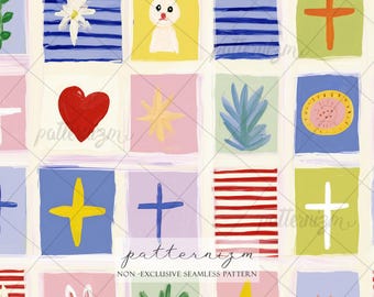 Seamless Easter Patchwork Pattern Digital Download – Whimsical Bunny & Cross Grid Design, Colorful Holiday Fabric for Kids Nursery